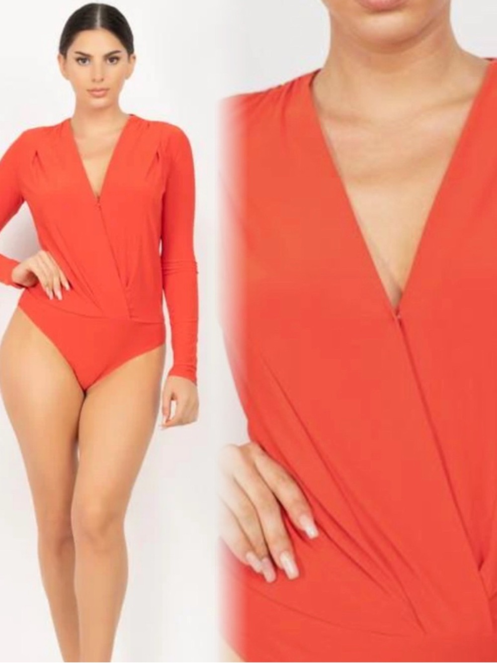 V-Neck Long Sleeve Wrap Bodysuit in Coral Red - Picture 6 of 12